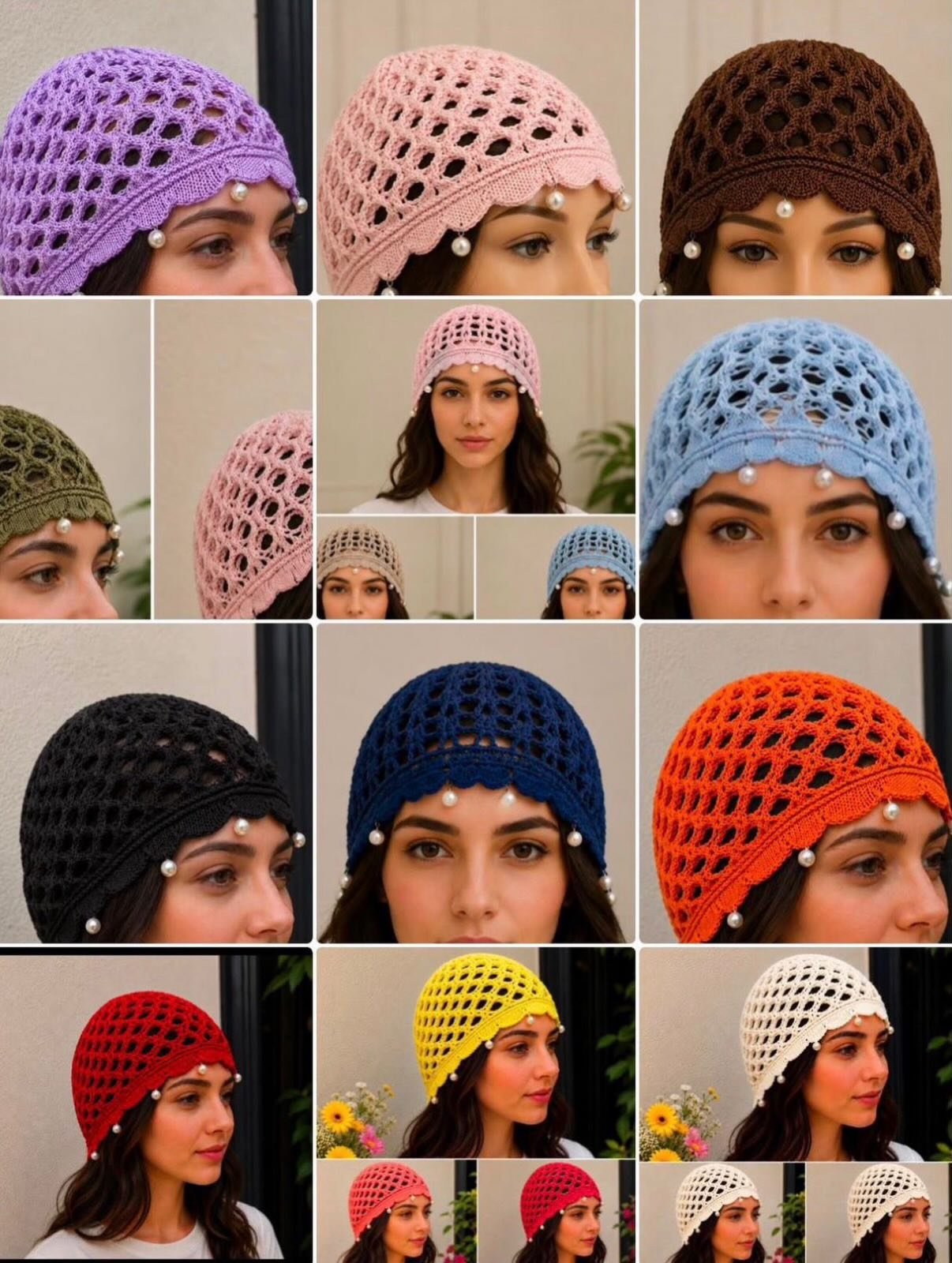 Örgü desenli, çiçek motifli, çok renkli baş eşarbı/bandana